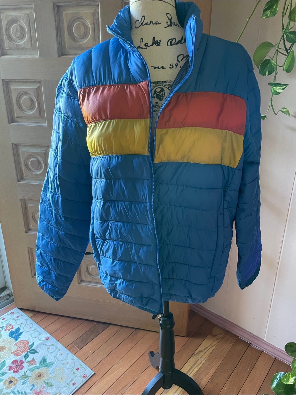 Hawke & Co Blue Puffer Jacket with Red and Yellow Chest Panels